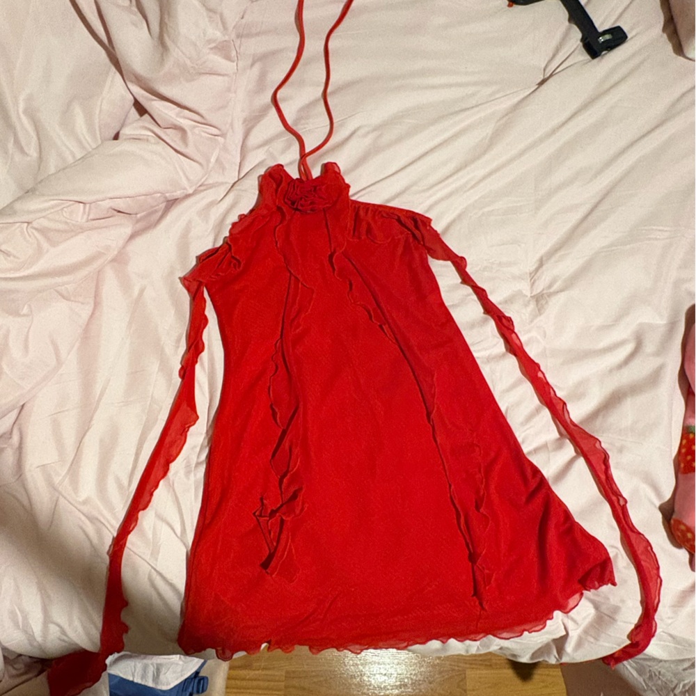 SHEIN Red Ruffle Halter Mini Dress